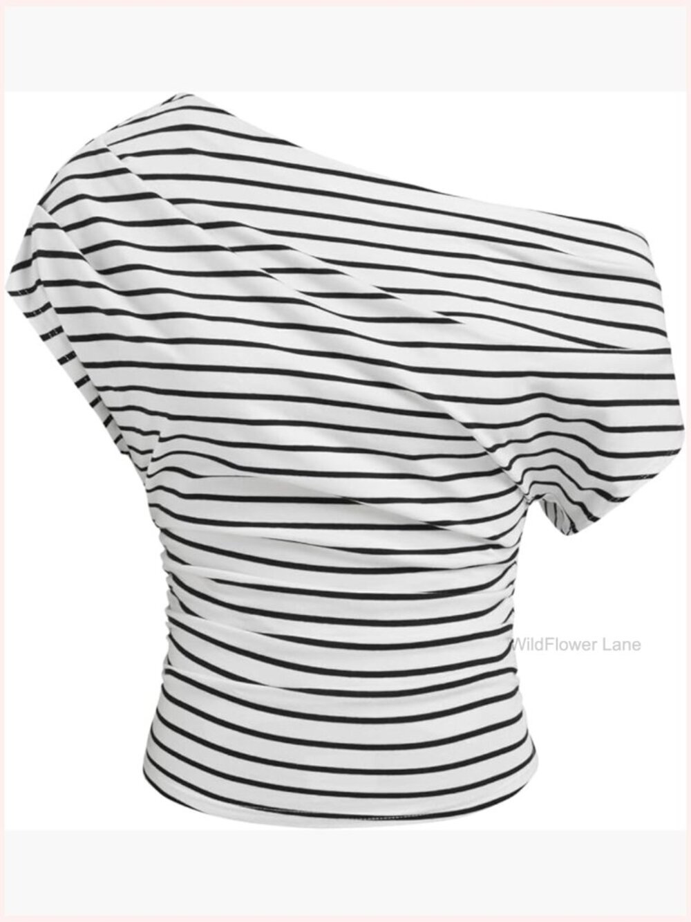 Striped Ruched Off Shoulder Fitted Top Short Sleeve Asymmetrical Neck